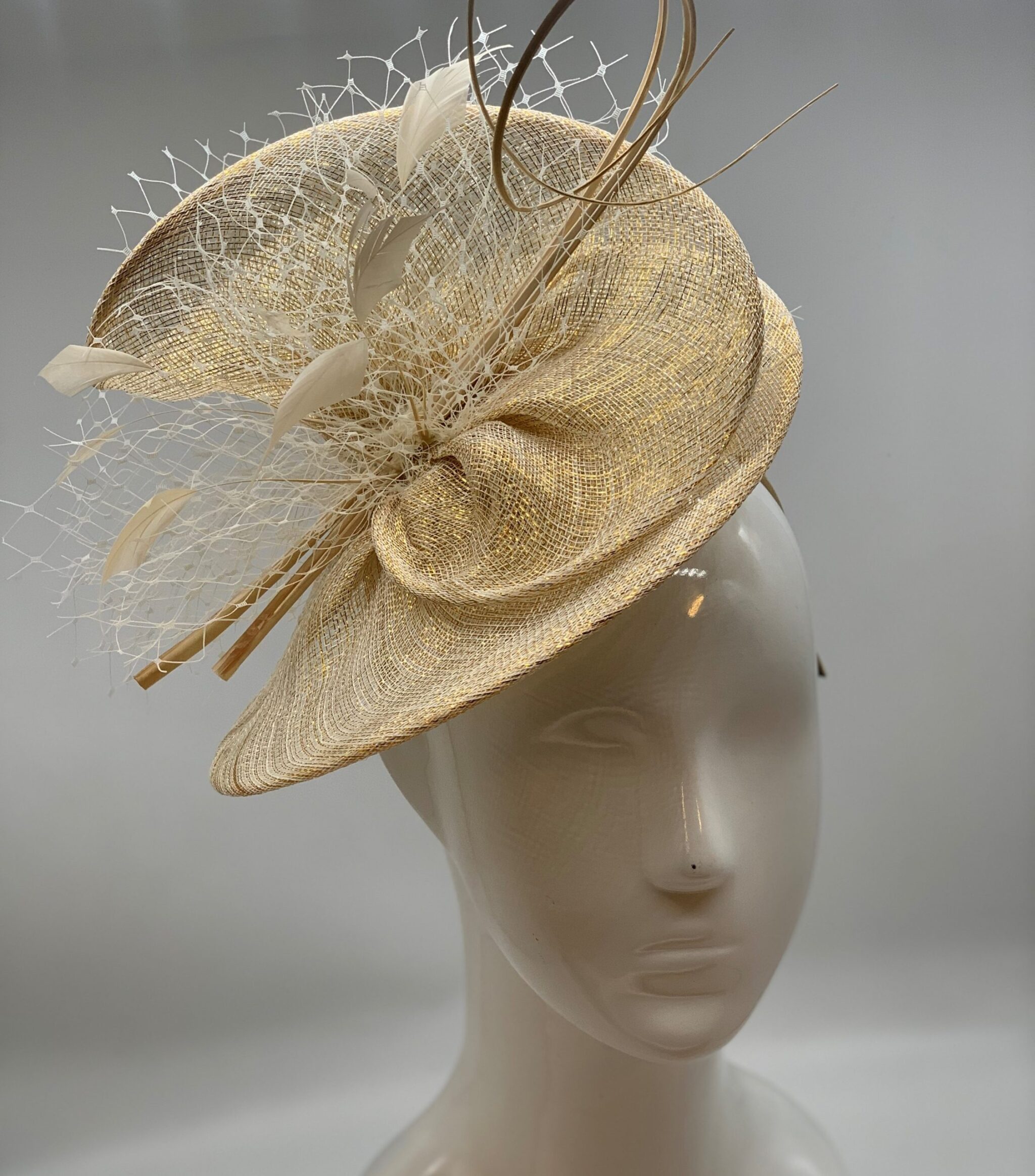 Ivory Gold Sinamay Fascinator with Mesh 
