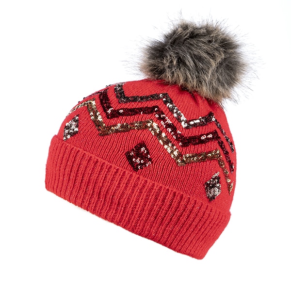 Red Bauble Faux Fur Bobble Hat 